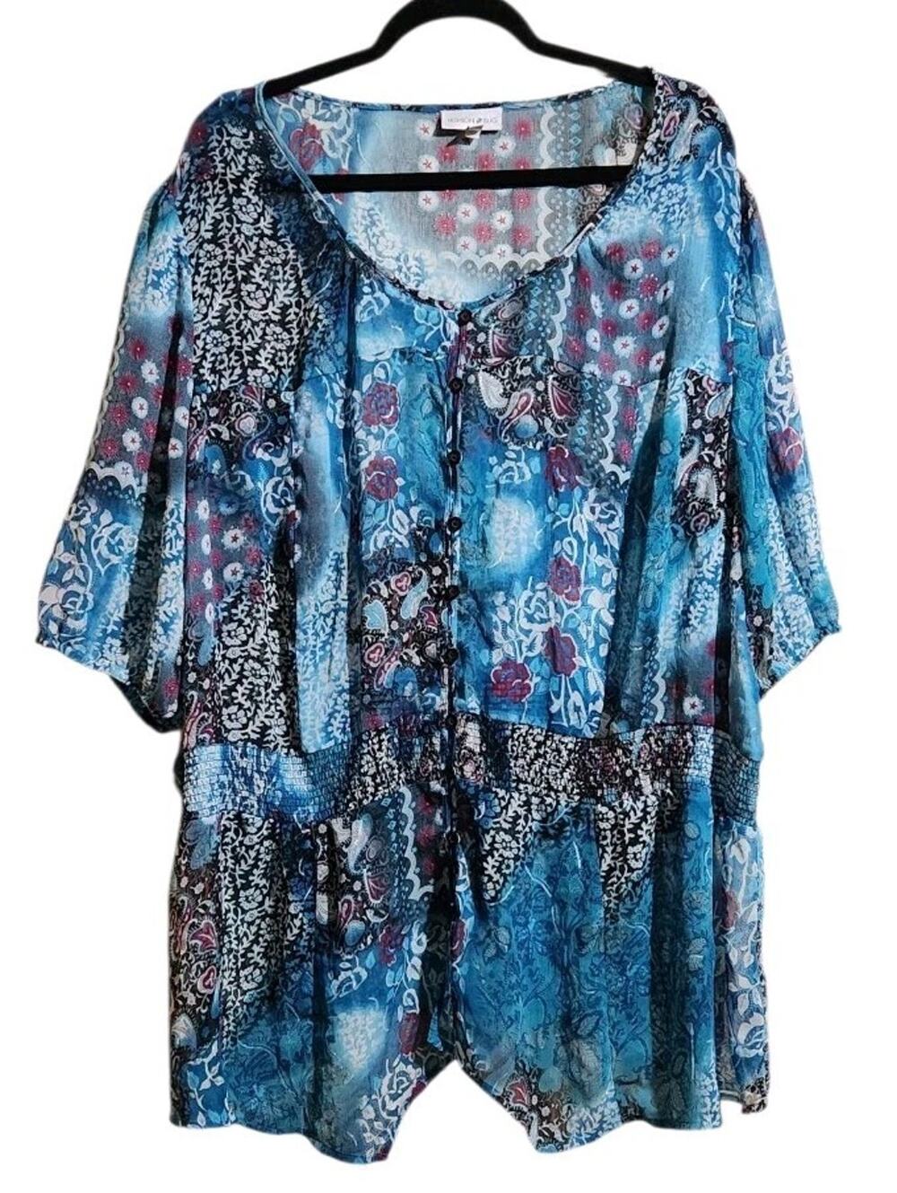 Fashion Bug Blue Patchwork Button Up Tunic Womens Plus Sz 26/28W Fairy Whimsical
